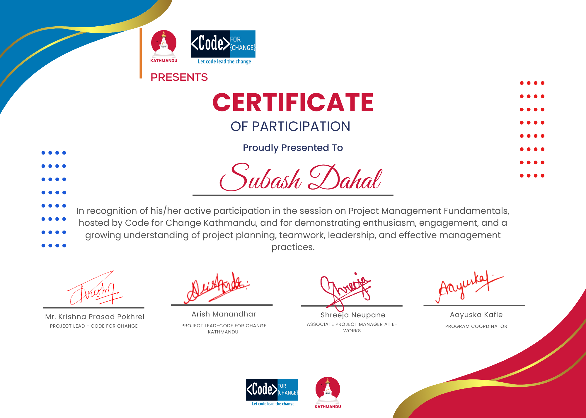 Project Management Fundamentals Certificate of Participation